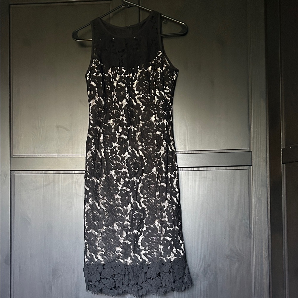 White House Black Market Black and Cream Lace Midi Dress